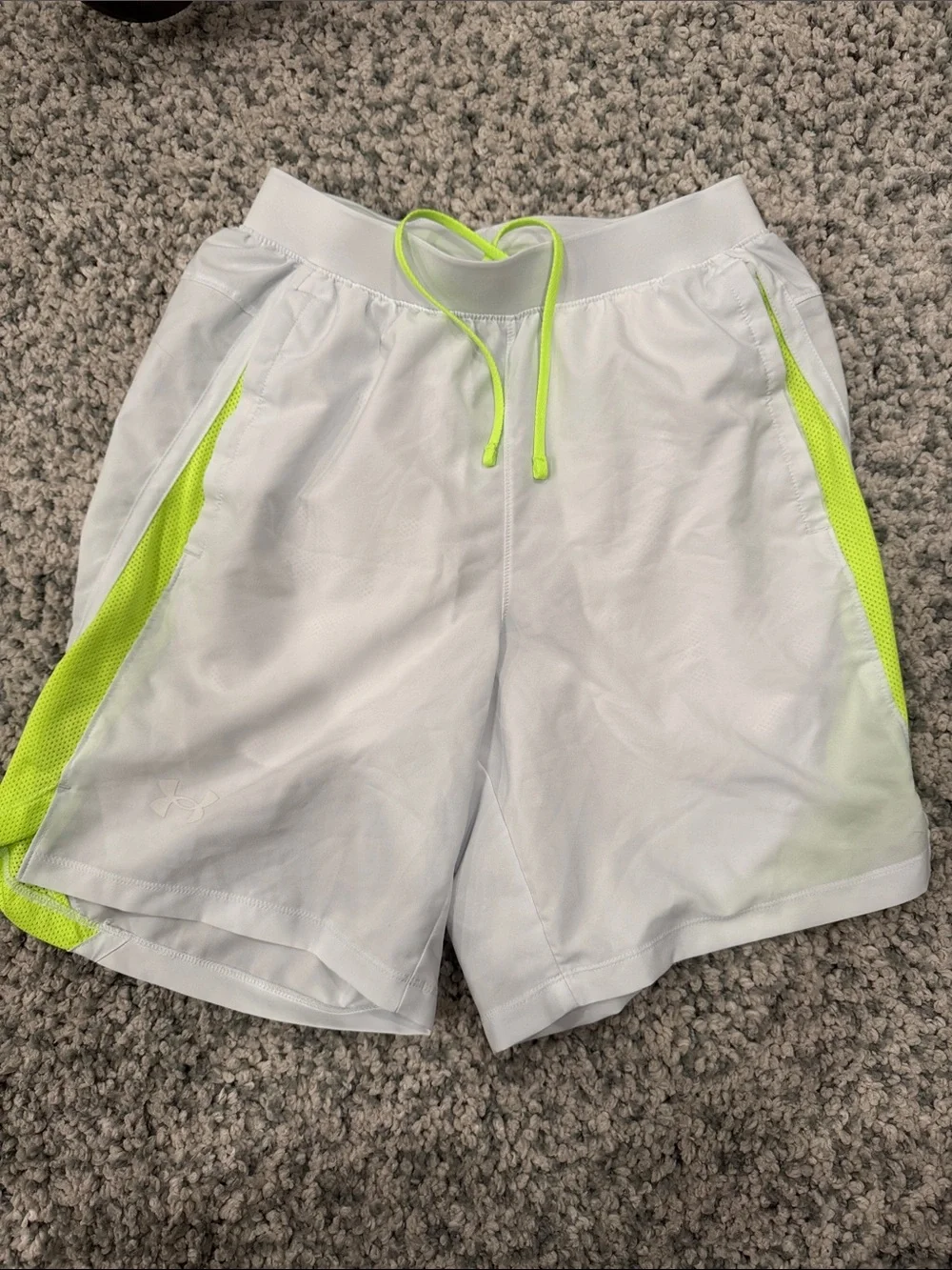 Under Armour White Men’s Athletic Shorts with Neon Yellow Accents